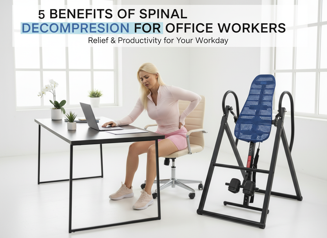 Office worker with back pain sitting at a desk next to an ATHLUS Inversion Table, illustrating spinal decompression benefits for office workers.