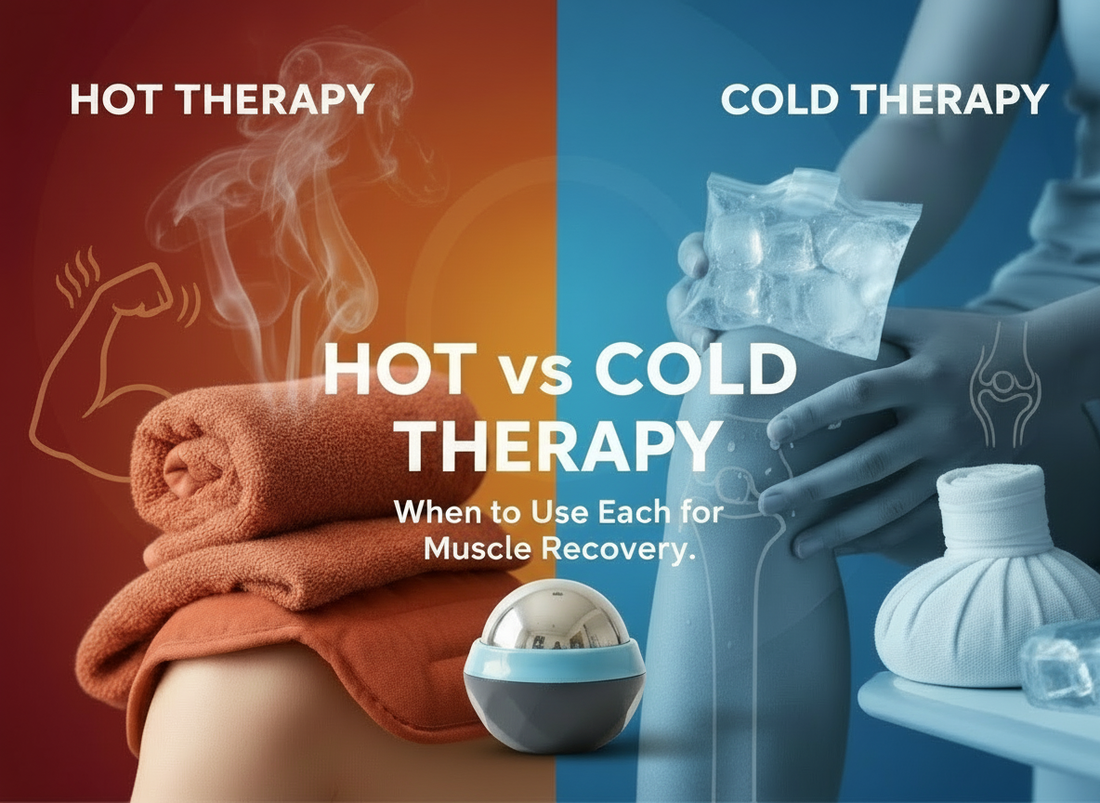 Split image showing hot therapy with steaming towels and cold therapy with ice packs, featuring the ATHLUS Hot & Cold Massage Ball, illustrating when to use each for muscle recovery.