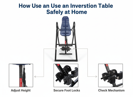 Step-by-step guide showing how to use an ATHLUS Inversion Table safely at home, including adjusting height, securing foot locks, and checking the mechanism.