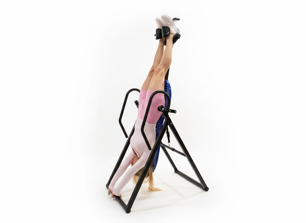 Person using an inversion table on a white background