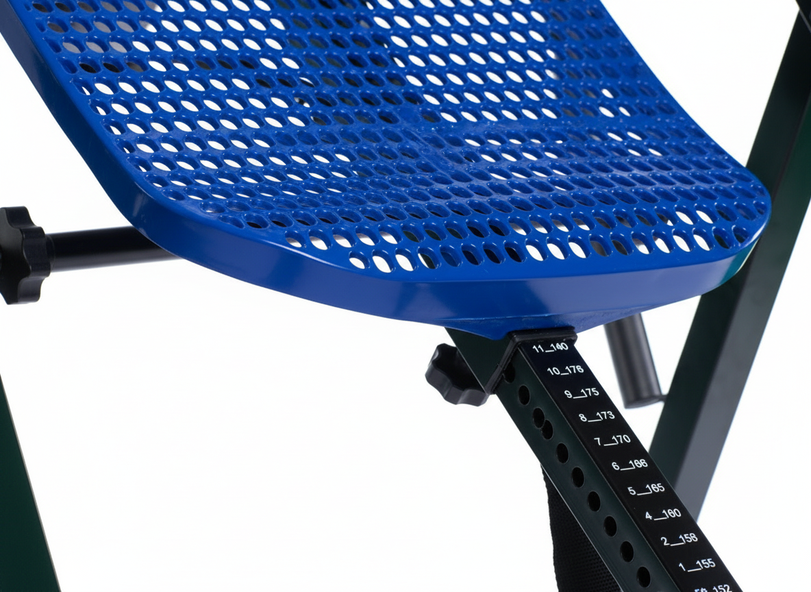 Blue perforated metal chair with black metal frame on a white background