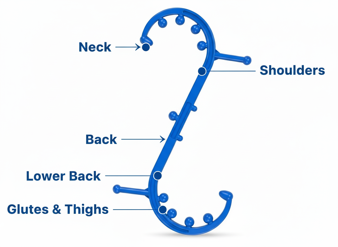 Blue massage gun with labeled parts on a white background