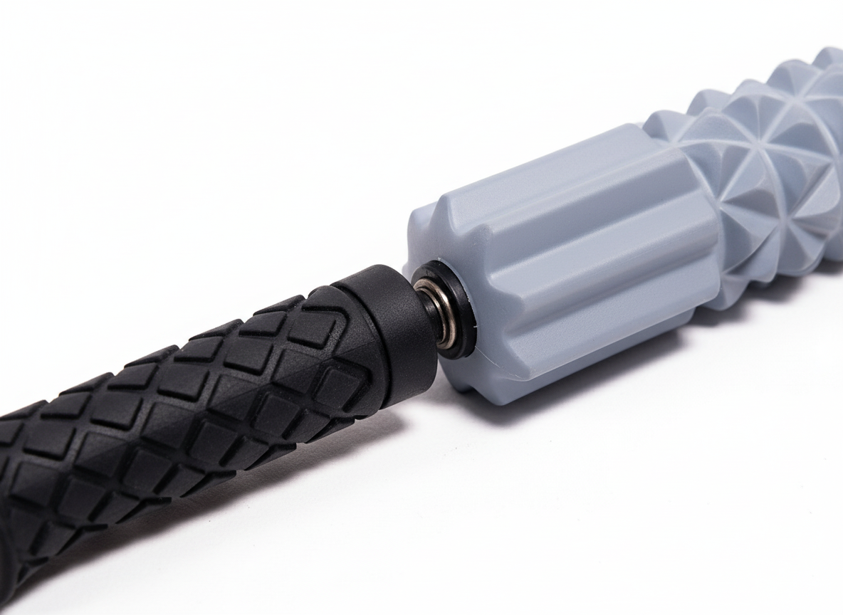 Black textured handle and gray roller of a massage stick on a white background