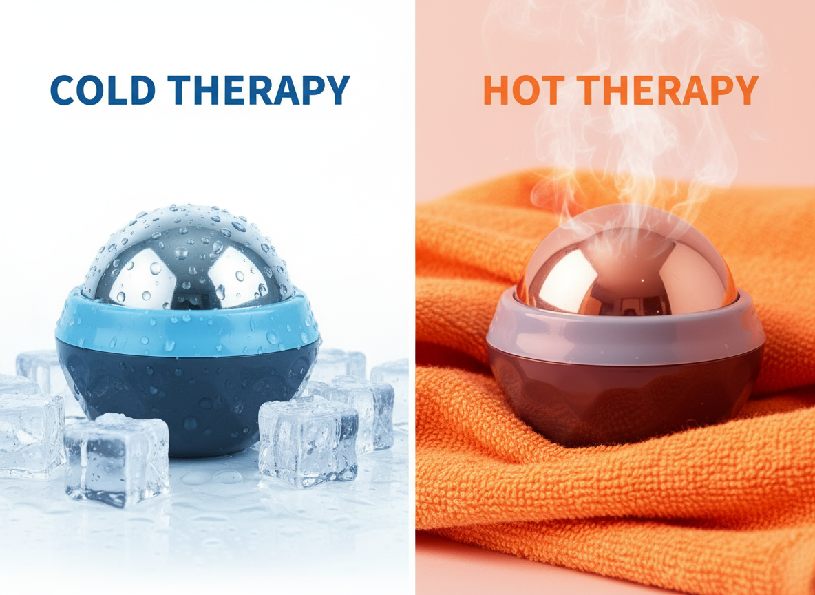 Two spherical devices labeled 'Cold Therapy' and 'Hot Therapy' with ice cubes and an orange towel respectively.
