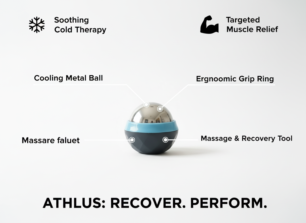 Athlus massage tool with features listed on a white background