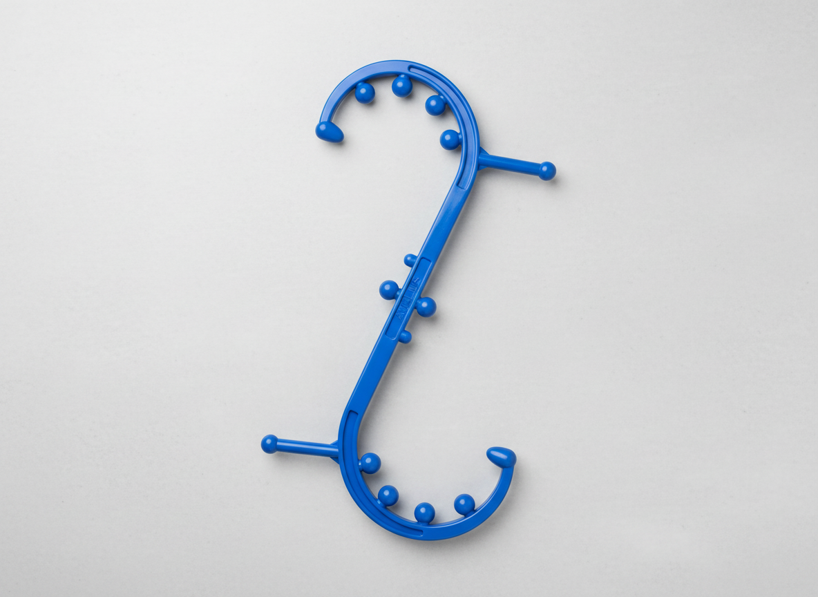Blue metal hook on a light gray background