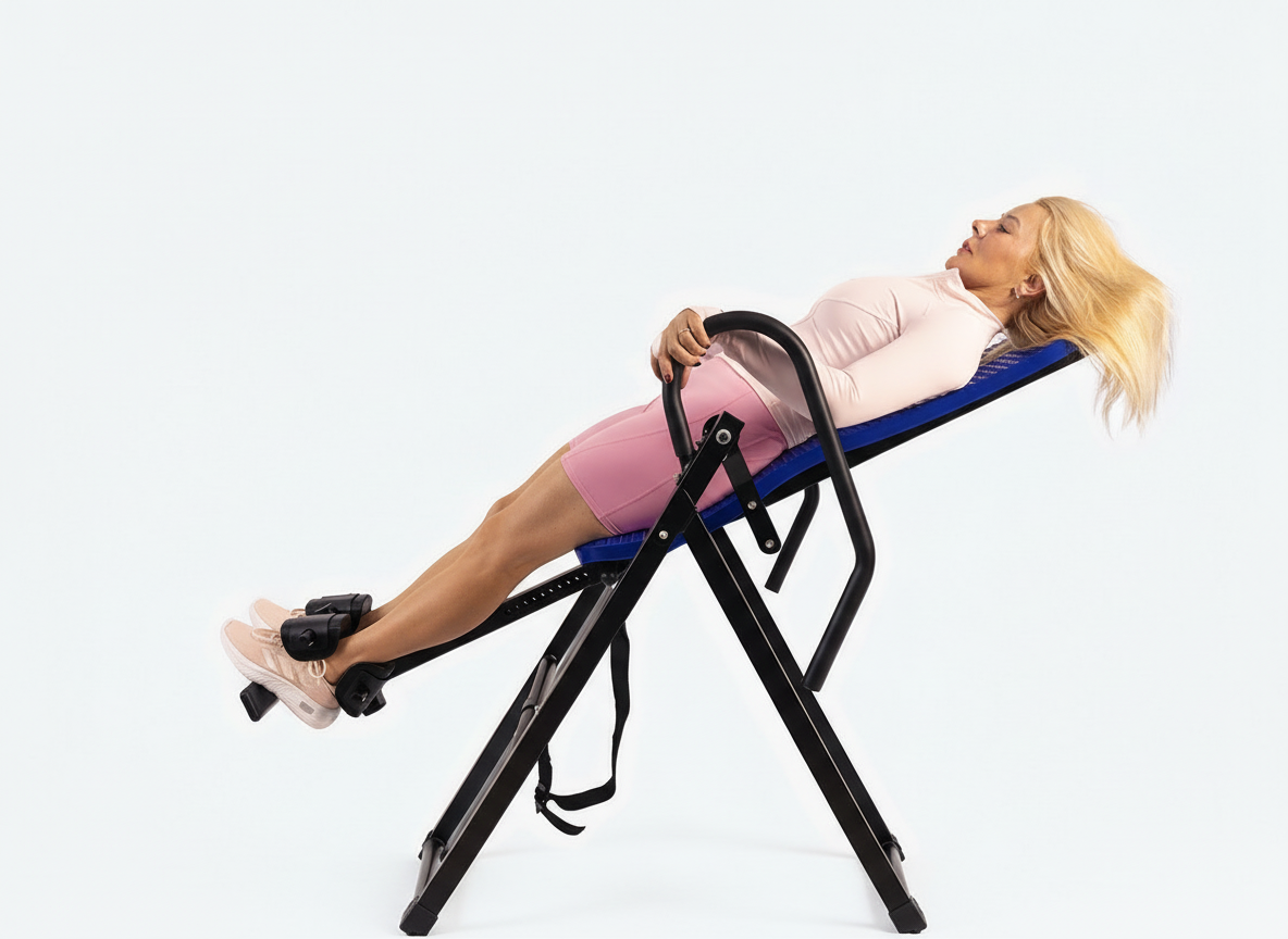 Person using an inversion table on a white background