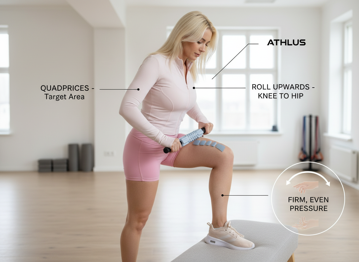 Woman using a foam roller in a home setting with text indicating product names and usage instructions.