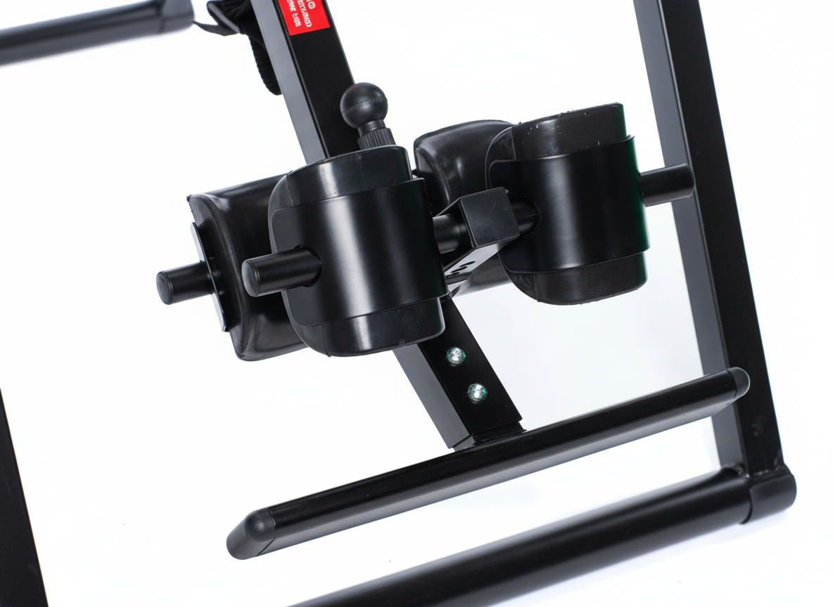 Close-up of a black metal stand or bracket on a white background